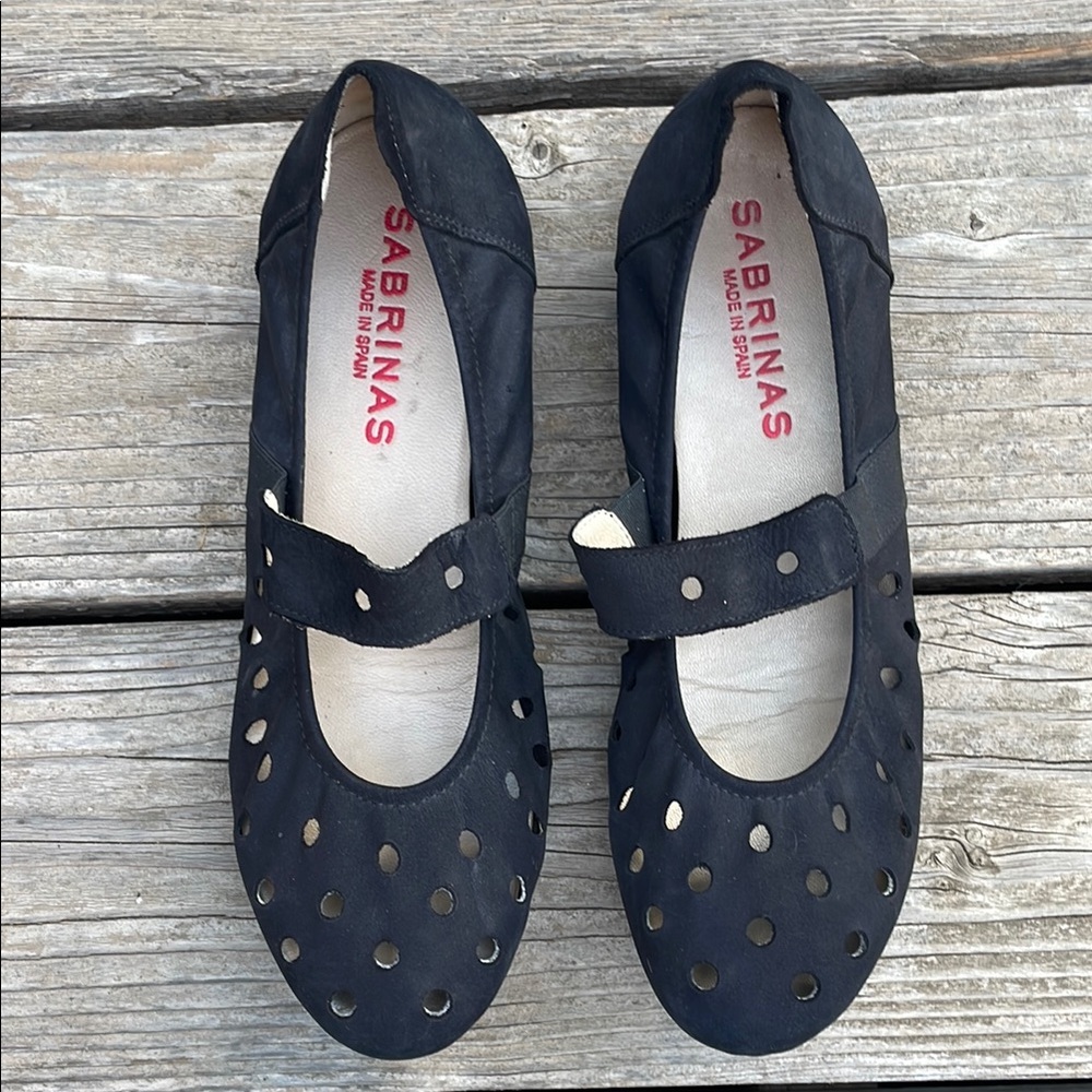 Sabrinas Black Suede Flat Mary Jane Perforated Ballet Ballerina Shoe Slip-On